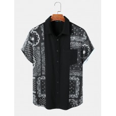 Mens Monochrome Paisley Scarf Print Stitching Cotton Short Sleeve Shirts