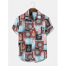 Mens Paisley Floral Color Block Print Ethnic Short Sleeve Shirts