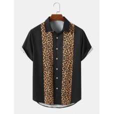 Mens Leopard Print Button Up Lapel Short Sleeve Shirts